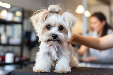 skilled dog groomer meticulously attending to a furry client, demonstrating their expertise in...
