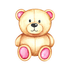 Cute teddy bear with cartoon design. Handmade watercolor illustration. Isolate. For greeting cards, stickers and decorations, compositions and labels, packaging and prints.