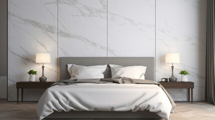 A modern bed with luxurious linens is accentuated by a mockup poster blank frame on a polished marble wall.