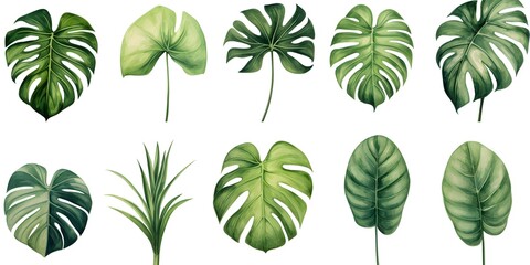Fototapeta na wymiar Hand drawn watercolor tropical plants set, monstera on an isolated white background, watercolor illustration