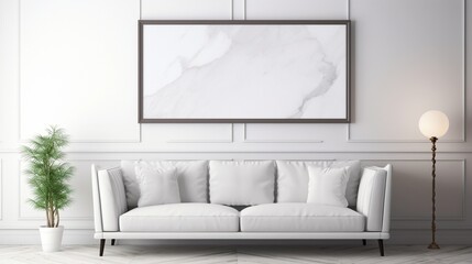 A polished marble wall enhances the luxurious feel of a decent simple room with a mockup poster blank frame.