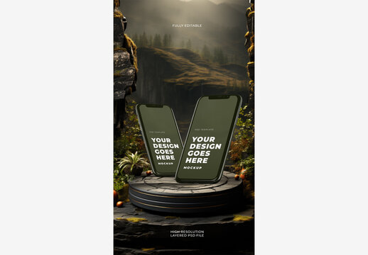 Two Green Smartphones with Green Plants on Marble Stone Platform Podium Outside Rough