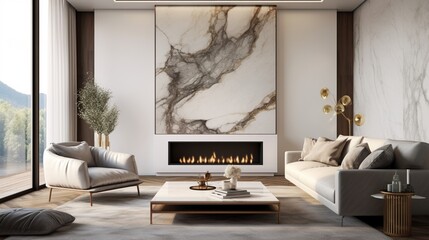 A polished marble wall enhances the timeless design of a luxery living room with a blank poster frame.
