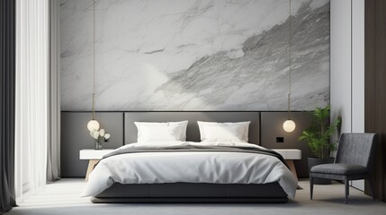 A polished marble wall enhances the timeless design of a modern hotel room with a mockup poster blank frame.