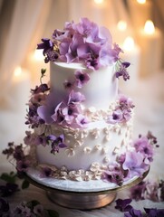 A white cake with natural purple flowers on top of it. Fiction, made with AI.