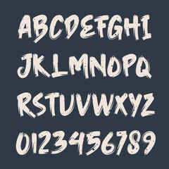 Hand drawn grunge chalky font, letters and numbers set. ABC, alphabet. Clipart, isolated letters on dark background. Vector illustration.