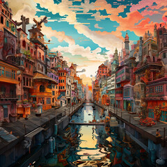 Vue panoramique grand angle d'un dessin d'une ville imaginée à l'aube, très colorée et avec canal en son centre dans une ambiance bande dessinée avec beaucoup de détail 