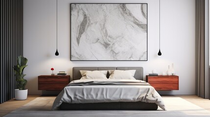 A sawed marble wall adorned with a mockup poster blank frame, hanging above a modern bed in a contemporary bedroom.