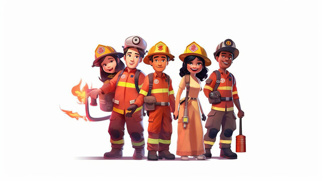 a group of firefighters on a white background,cartoon,a fire station.,generative AI