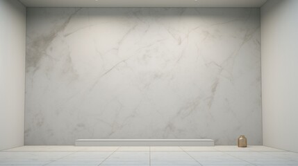 A sawed marble wall serves as the canvas for a blank poster frame above a modern bank.