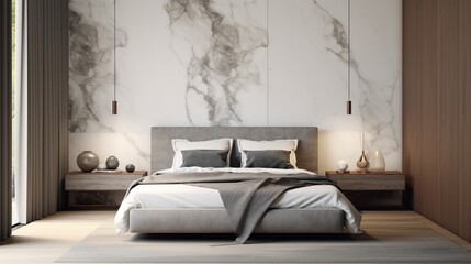A sleek modern bed is accented by a mockup poster blank frame on polished marble walls.