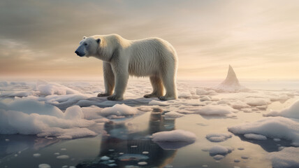 A polar bear stands amidst a sea of ice filled with plastic bottles that is polluting the environment.