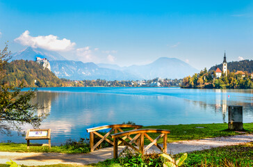  Famous alpine Bled lake (Blejsko jezero) in Slovenia, amazing autumn landscape