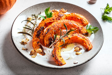 Grilled pumpkin with labneh yogurt and herbs