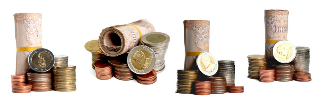 Many stacks of coins in various sizes and valued, View from the top, Currency THB, Financial and commit business concept