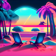 Summer beach vacation scene and neon color concept, Generative AI.
