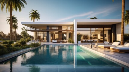 Fototapeta premium Big modern contemporary spacious residence house in California with big pool at golden hour for real estate purposes or nice hotel rest during holiday or vacation traveling