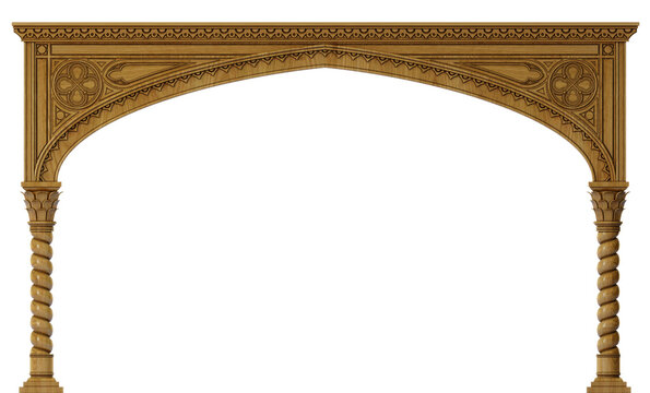 3D illustration. Wide Gothic arch portal made of wood. Background or frame
