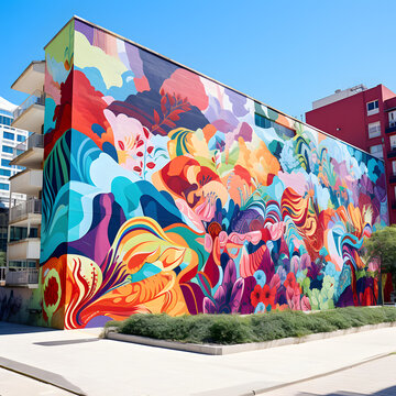 Image of vibrant streetart mural on a city wall in urban landscape