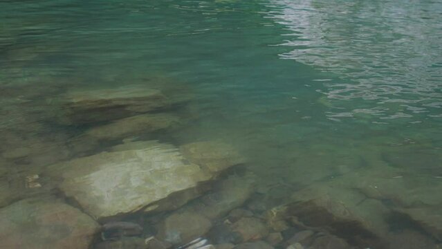 Clear water in a mountain dam, rocks at the bottom