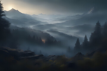 Photo realistic illustration of mountains forest fog morning mystic in dark cinematic