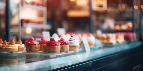 Window Display Of Many Chocolate Cupcakes in a bakery AI Generative - obrazy, fototapety, plakaty