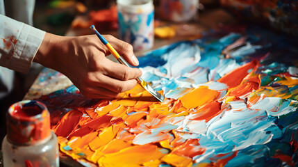 Close-up of an artist making brush strokes on a canvas of abstract art for a beautiful painting