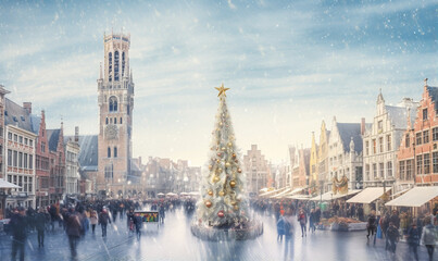 Naklejka premium Motion Blur Illustration of Christmas Decorations in Middle of Winter City. generative ai
