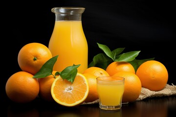 Fresh squeeze orange juice in glass with orange slices and green leaf. fresh fruit concept. generative ai