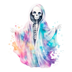 Skeleton in a pastel-colored cloak, Halloween costume, watercolor, generative AI