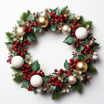 A christmas wreath with red and gold ornaments. AI image.