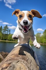 Mischievous terrier is caught mid-jump while jumping over a log during an outdoor adventure