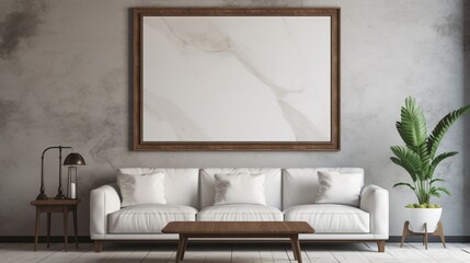 An antiqued marble wall creates a timeless atmosphere for a birdsroom featuring a mockup poster blank frame.