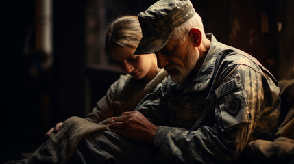 A poignant scene unfolds, as a veteran is embraced by a caring hand, symbolizing the support of Veterans Healthcare. Soft, muted tones evoke a sense of compassion and trust - obrazy, fototapety, plakaty