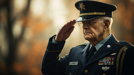 Obraz premium In a dignified stance, a veteran dons their uniform, rendering a sharp salute in honor of Veterans Day. The backdrop is a blend of muted greens and grays