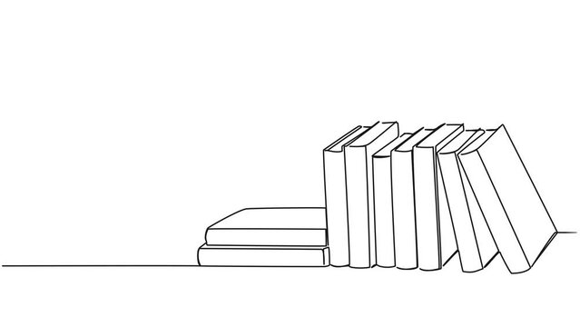 animated continuous single line drawing of stack of books on shelf, line art animation