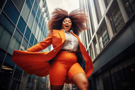 eine Frau mit &Uuml;bergr&ouml;&szlig;e schaut gut gelaunt in die Kamera, plus size woman looks at camera in good mood