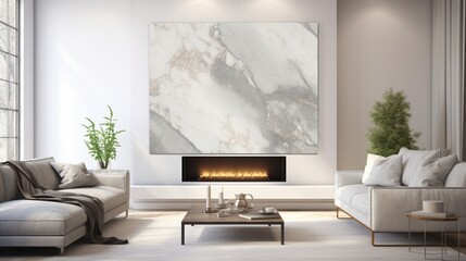 An elegantly polished marble wall enhances the beauty of a modern living river with a mockup poster blank frame.