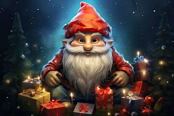 Christmas illustration. Cartoon funny cute gnome sitting surrounded by gifts on a background of glowing garlands.