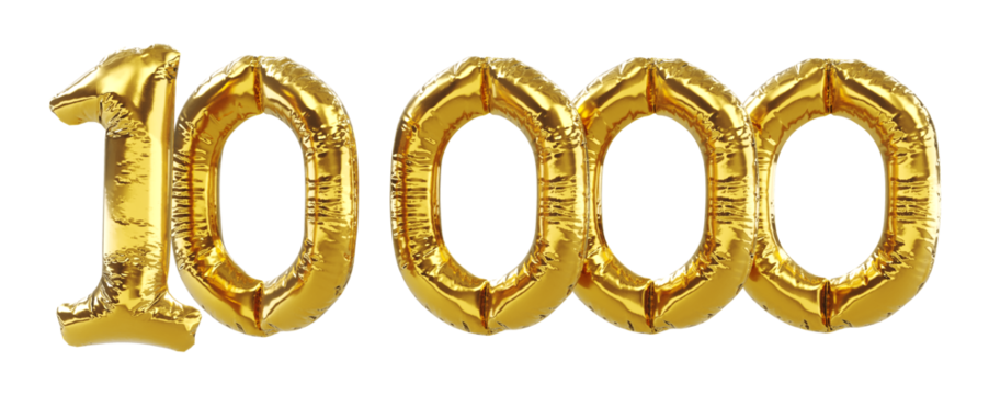 3D render of Golden number 10000 ten thousand metallic balloon. 10k or 10000 followers thank you Gold balloons
