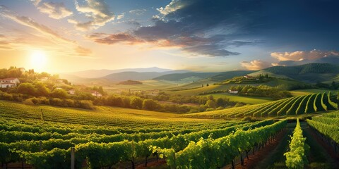 Beauty unveiled in countryside. Nature palette. Vineyard rows aglow in warmth of sunset. Italian...