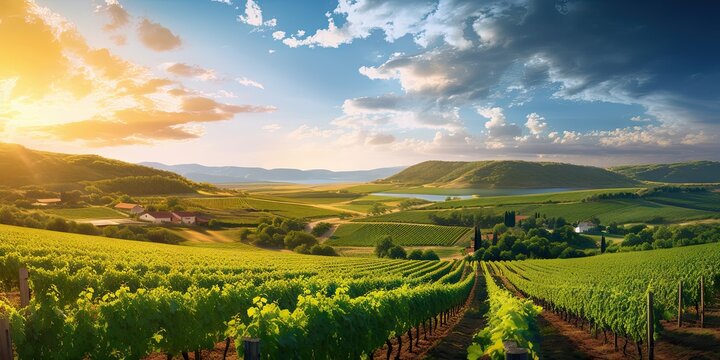 Beauty unveiled in countryside. Nature palette. Vineyard rows aglow in warmth of sunset. Italian dreams. Grapes ripening under setting sun