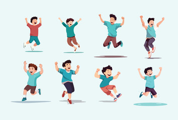 Fototapeta na wymiar set of cartoon people being happy and jumping. The design uses a flat, minimalist and simple vector style