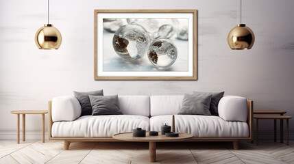An exquisite Mockup poster, suspended on a pristine marble wall, serving as a centerpiece above a modern bed, within a tastefully furnished modern living room. Presented in breathtaking