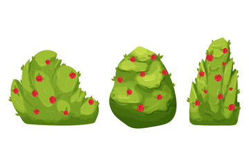 Set Hedge green bush with red flowers forest or backyard plant with leaves in cartoon style isolated on white ackground. Game decoration, clip art.