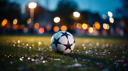 soccer ball in football ground, focus view, night view.