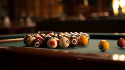 asiaa snooker table with balls and cuesbilliardsa snoo.Generative AI - obrazy, fototapety, plakaty