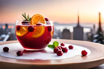 holiday punch bowl topped with berries and orange