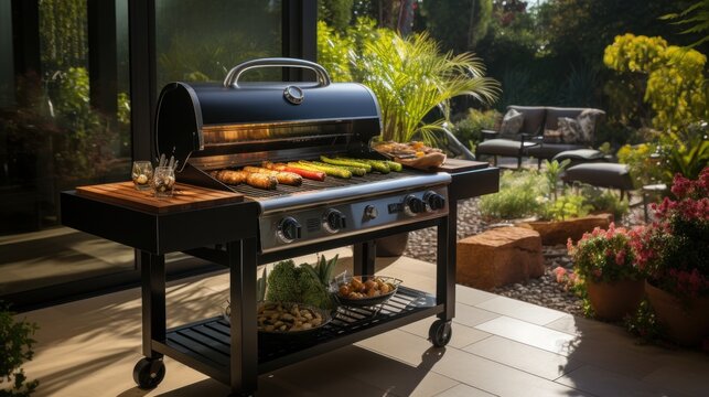 A photo of an expensive bbq griller in luxury backyard area