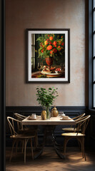 mockup in a georgian home kitchen with lots of extremely expensive furniture and expensive home furnishings and flowers and high end plants